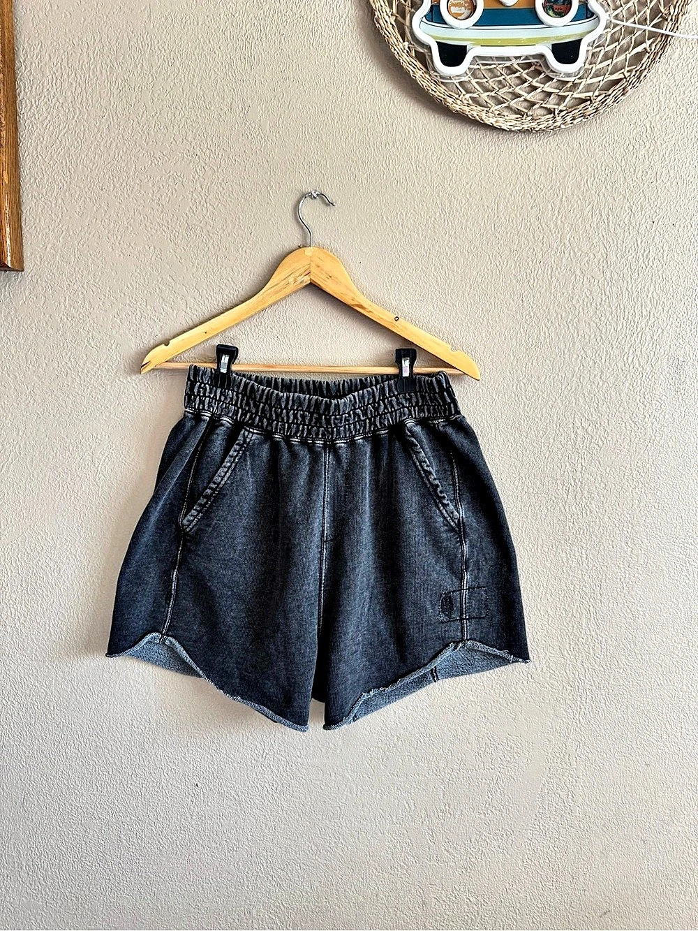 Black Acid Wash High Rise Sweat Shorts Raw Hem